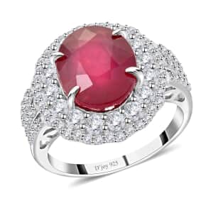 Niassa Ruby (FF) and White Topaz Double Halo Ring in Platinum Over Sterling Silver (Size 7.0) 9.35 ctw