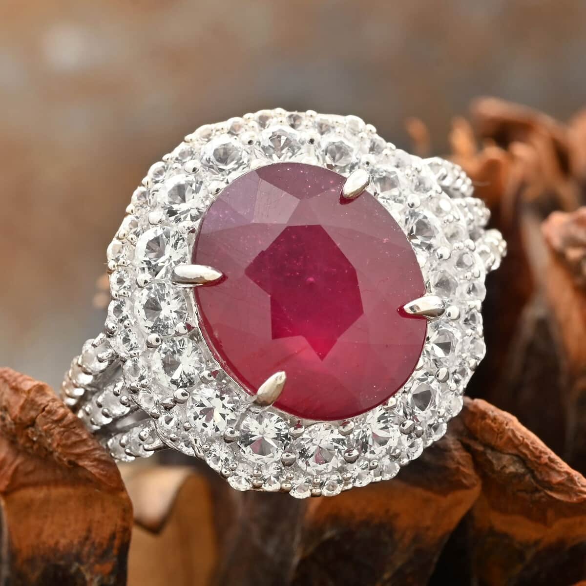 Niassa Ruby (FF) and White Topaz Double Halo Ring in Platinum Over Sterling Silver (Size 7.0) 9.35 ctw image number 1