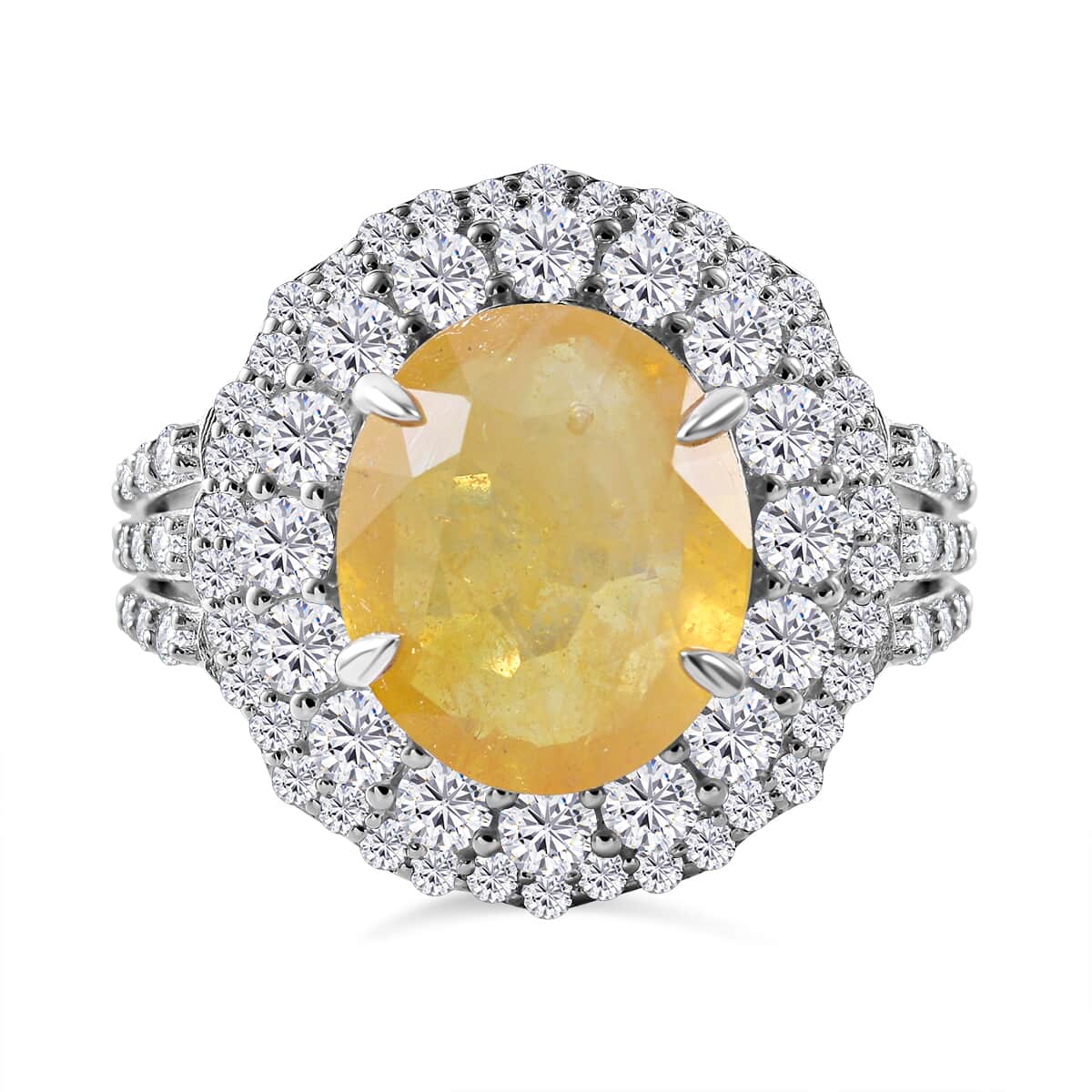 Yellow Sapphire (FF) and White Topaz Double Halo Ring in Platinum Over Sterling Silver (Size 10.0) 10.00 ctw image number 0