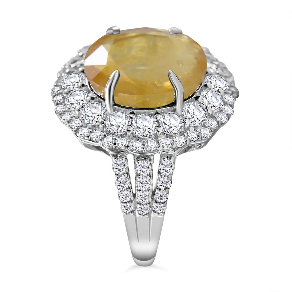 Yellow Sapphire (FF) and White Topaz Double Halo Ring in Platinum Over Sterling Silver (Size 10.0) 10.00 ctw image number 2