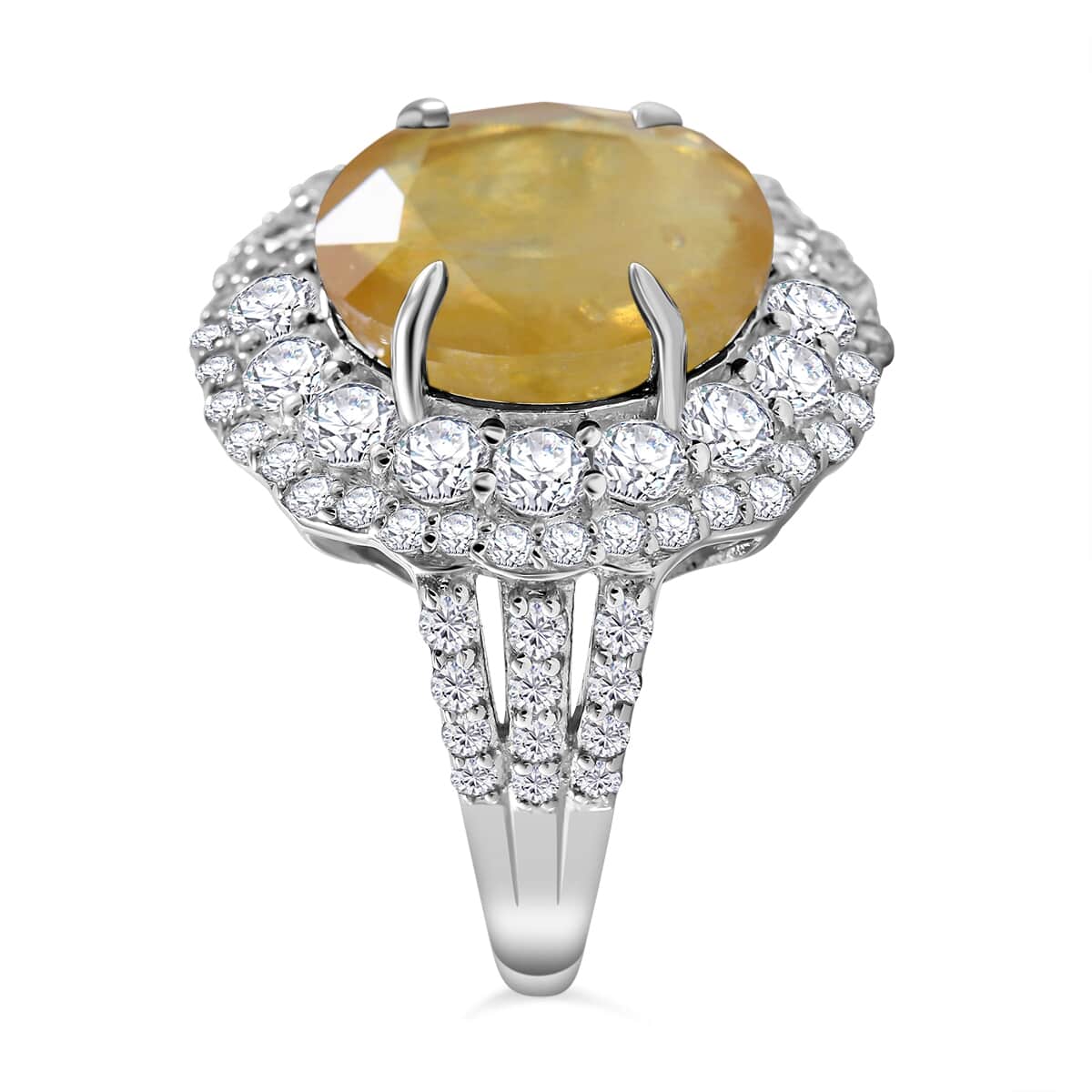 Yellow Sapphire (FF) and White Topaz Double Halo Ring in Platinum Over Sterling Silver (Size 7.0) 10.00 ctw image number 2