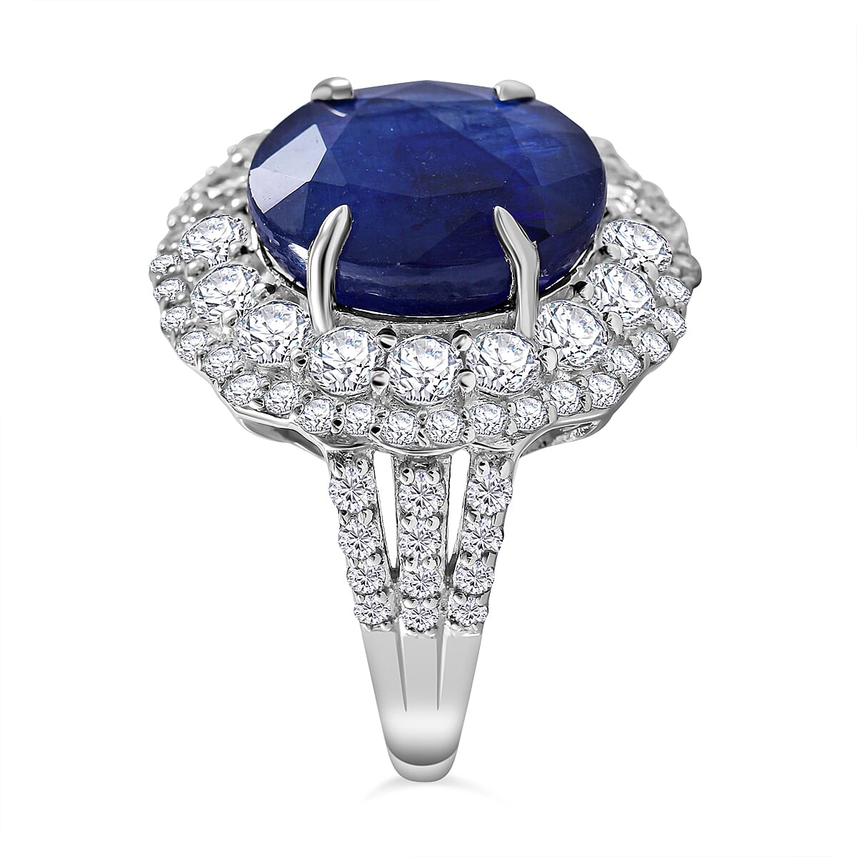 Masoala Sapphire (D) and White Topaz Double Halo Ring in Platinum Over Sterling Silver (Size 7.0) 9.30 ctw image number 2