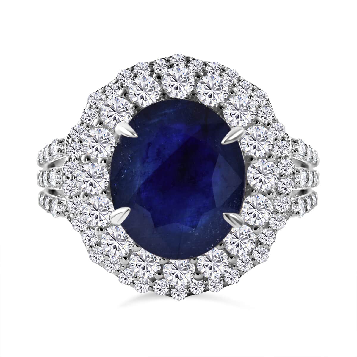 Masoala Sapphire (FF) and White Topaz Double Halo Ring in Platinum Over Sterling Silver (Size 8.0) 9.30 ctw image number 0