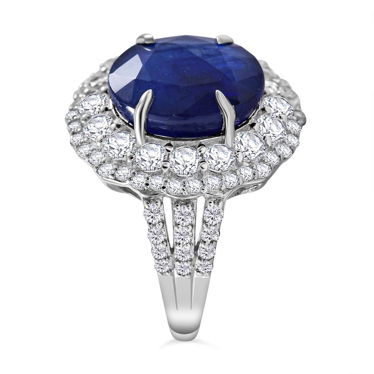 Masoala Sapphire (FF) and White Topaz Double Halo Ring in Platinum Over Sterling Silver (Size 8.0) 9.30 ctw image number 2