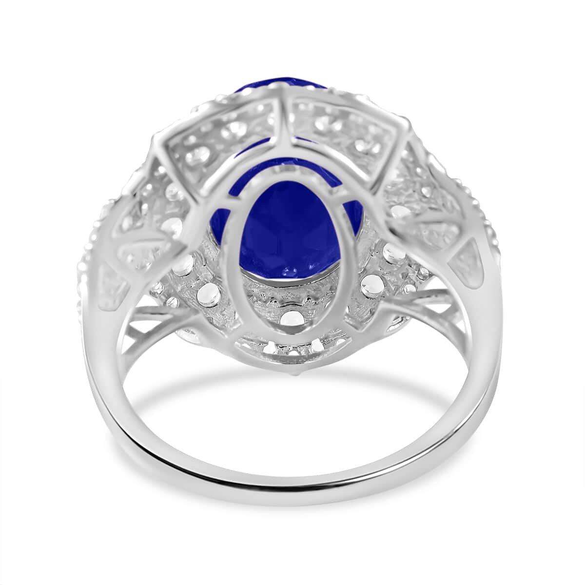 Masoala Sapphire (FF) and White Topaz Double Halo Ring in Platinum Over Sterling Silver (Size 8.0) 9.30 ctw image number 3