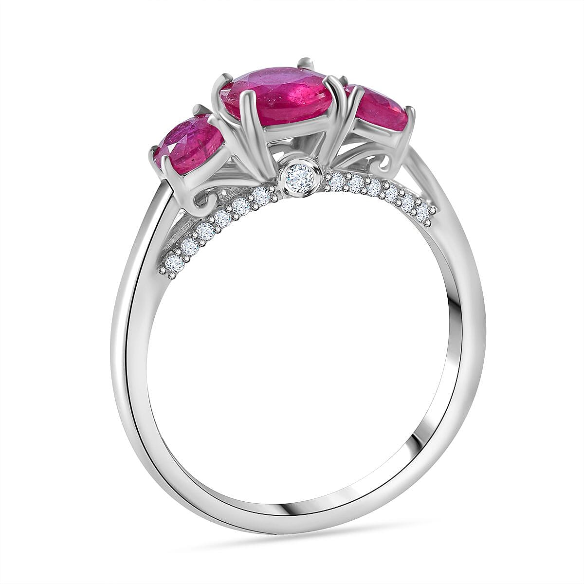 Premium Niassa Ruby (FF) and White Zircon 2.15 ctw Ring in Rhodium Over Sterling Silver (Size 9.0)