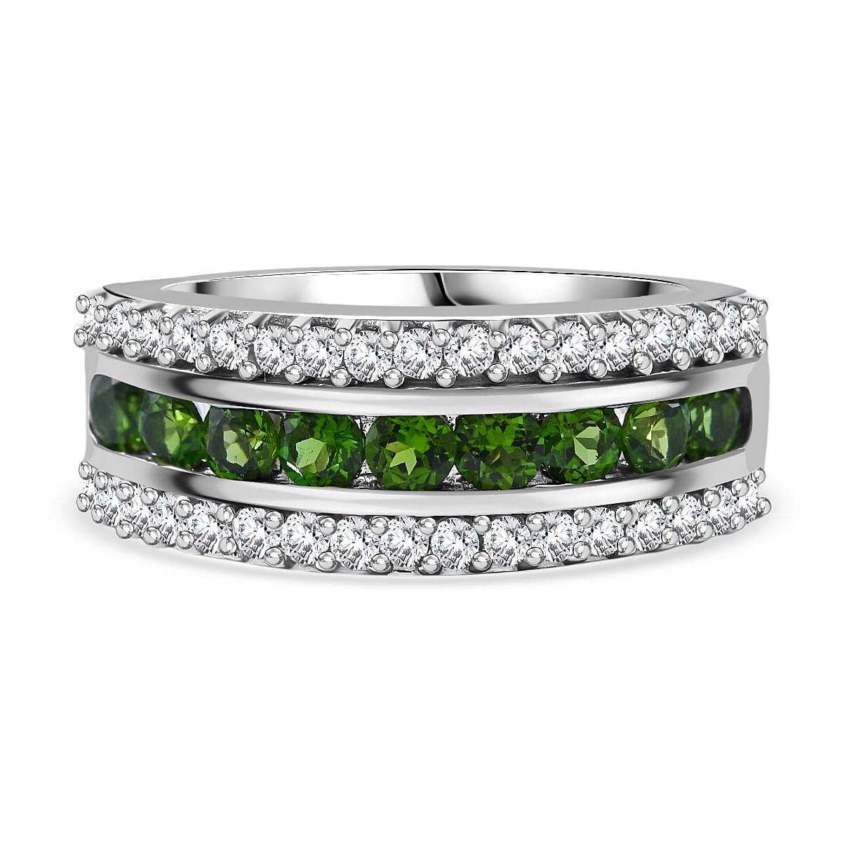 Chrome Diopside and White Zircon 1.69 ctw Ring in Rhodium Over Sterling Silver (Size 6.5)