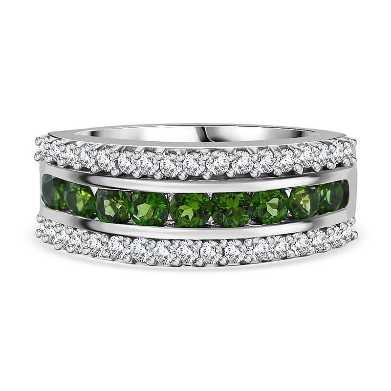Chrome Diopside and White Zircon 1.69 ctw Ring in Rhodium Over Sterling Silver (Size 6.5)