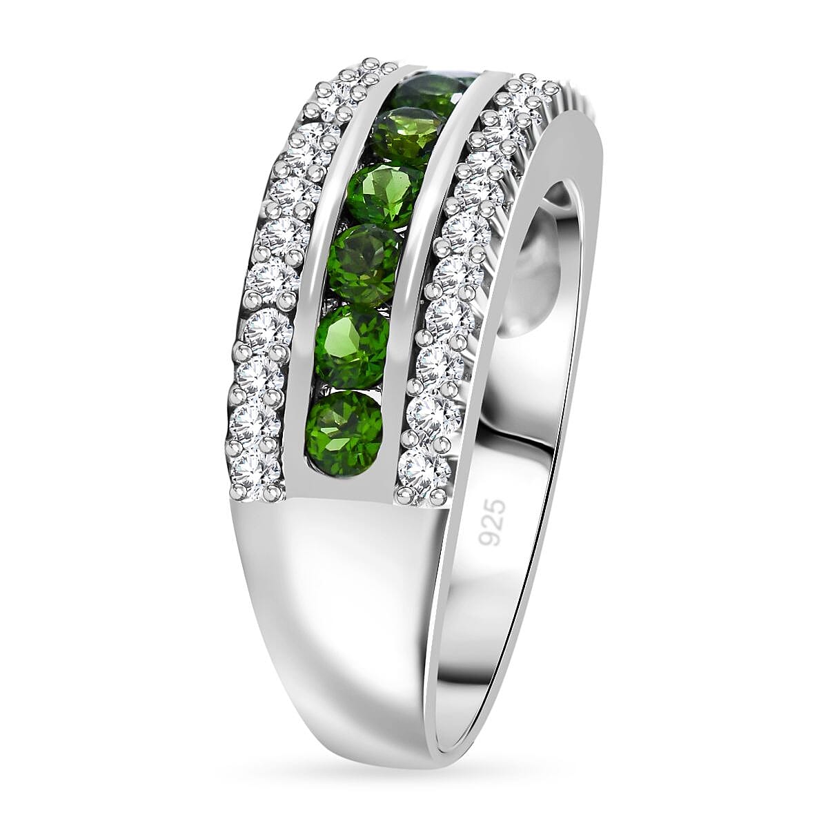 Chrome Diopside and White Zircon 1.69 ctw Ring in Rhodium Over Sterling Silver (Size 6.5)