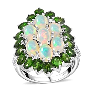 Ethiopian Welo Opal and Multi Gemstone Floral Ring in Platinum Over Sterling Silver (Size 10.0) 5.90 ctw