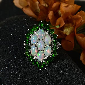 Ethiopian Welo Opal and Multi Gemstone Floral Ring in Platinum Over Sterling Silver (Size 10.0) 5.90 ctw