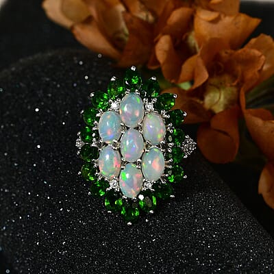Ethiopian Welo Opal and Multi Gemstone Floral Ring in Platinum Over Sterling Silver (Size 10.0) 5.90 ctw