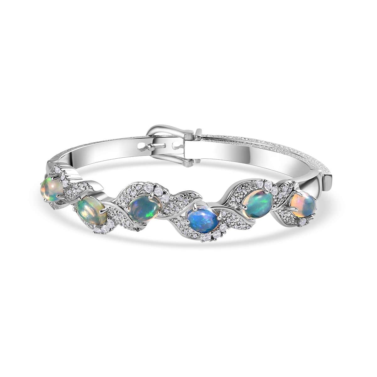Ethiopian Welo Opal and White Zircon Bangle Bracelet in Platinum Over Sterling Silver (7.25 In) 6.00 ctw image number 0
