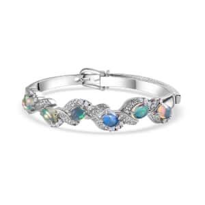 Ethiopian Welo Opal and White Zircon Bangle Bracelet in Platinum Over Sterling Silver (7.25 In) 6.00 ctw