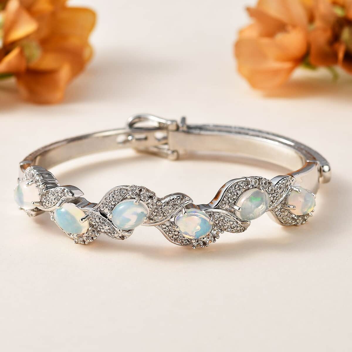 Ethiopian Welo Opal and White Zircon Bangle Bracelet in Platinum Over Sterling Silver (7.25 In) 6.00 ctw image number 1