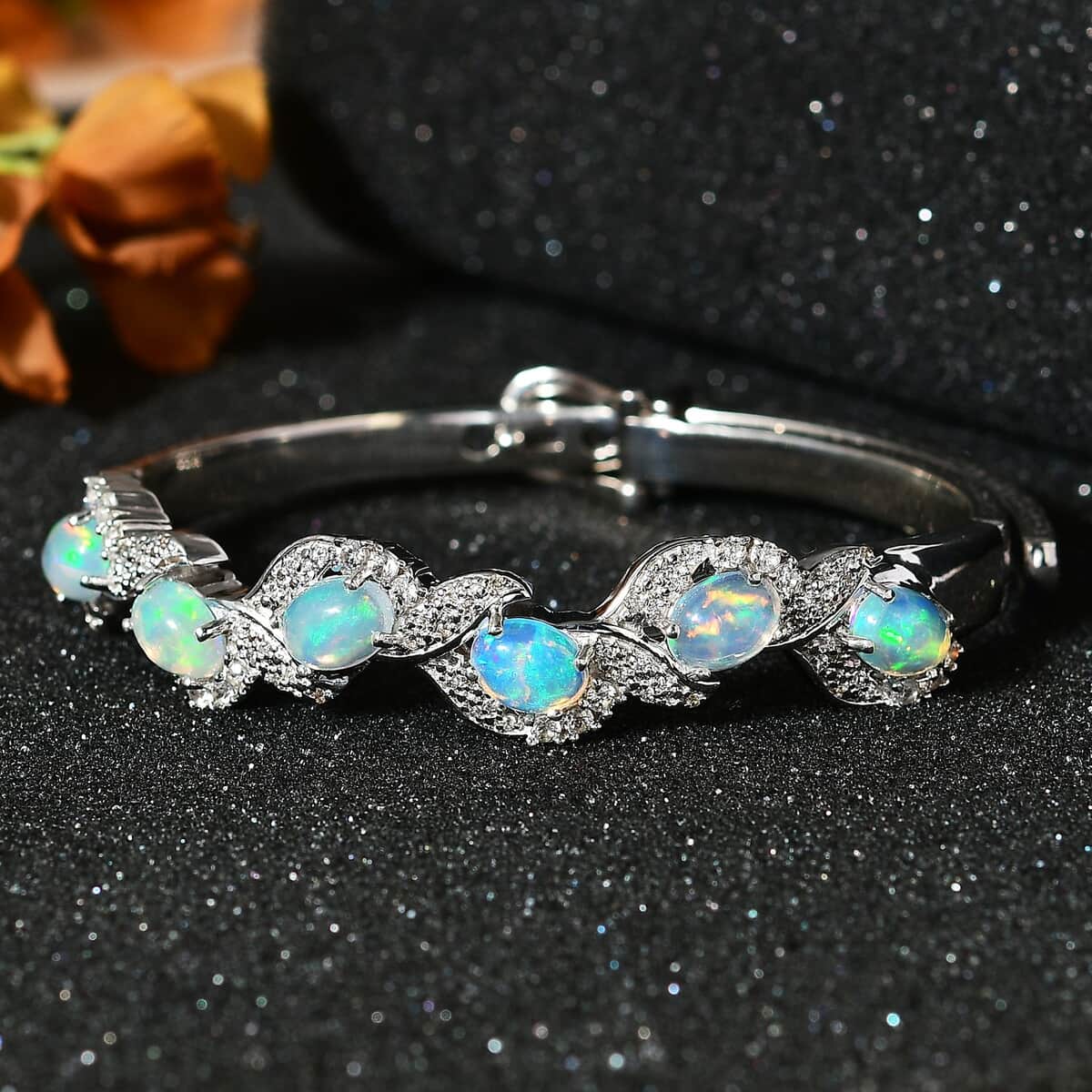 Ethiopian Welo Opal and White Zircon Bangle Bracelet in Platinum Over Sterling Silver (7.25 In) 6.00 ctw image number 2