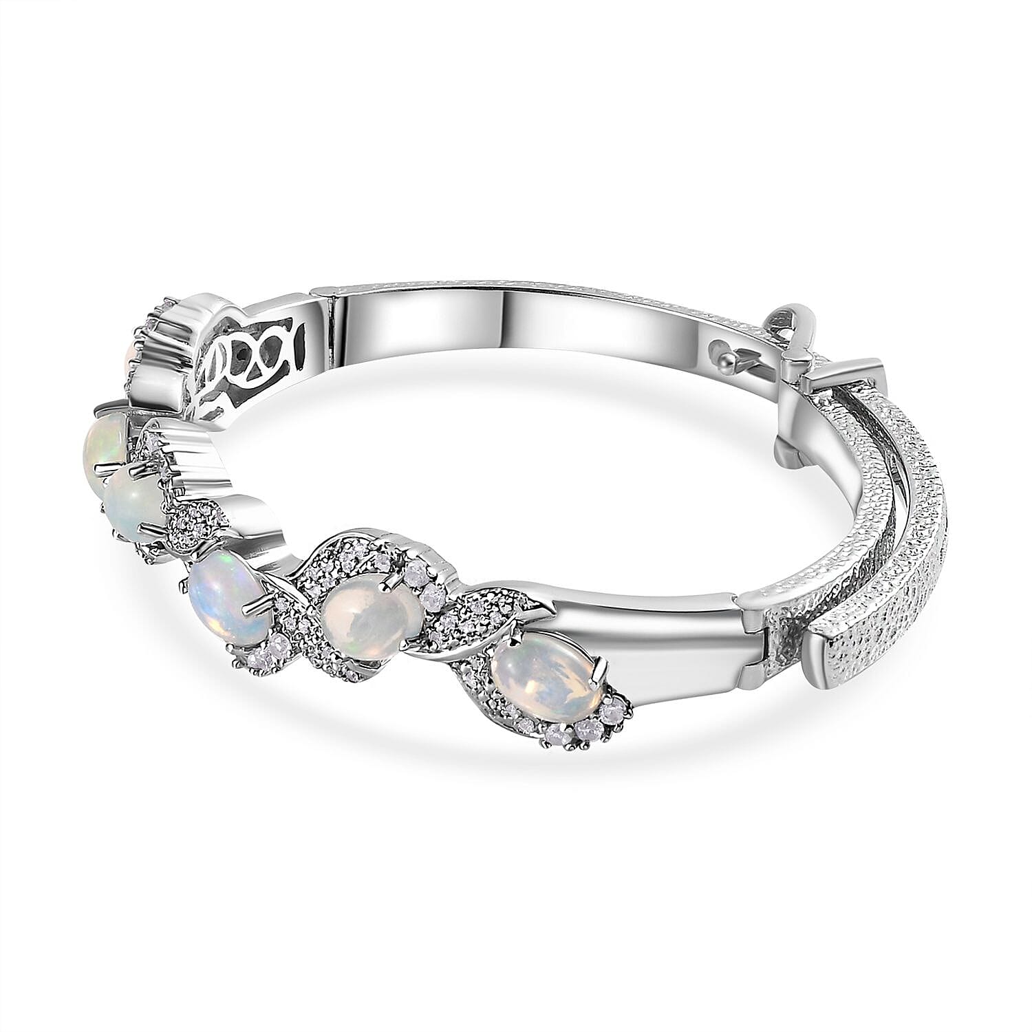 Ethiopian Welo Opal and White Zircon Bangle Bracelet in Platinum Over Sterling Silver (7.25 In) 6.00 ctw