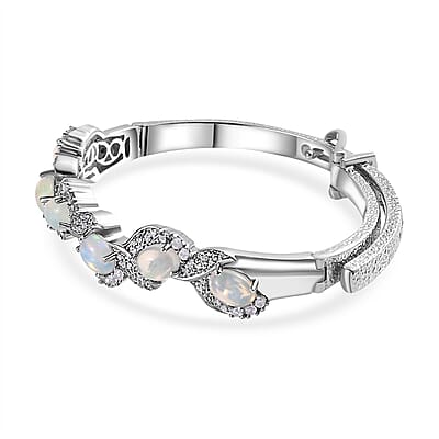 Ethiopian Welo Opal and White Zircon Bangle Bracelet in Platinum Over Sterling Silver (7.25 In) 6.00 ctw