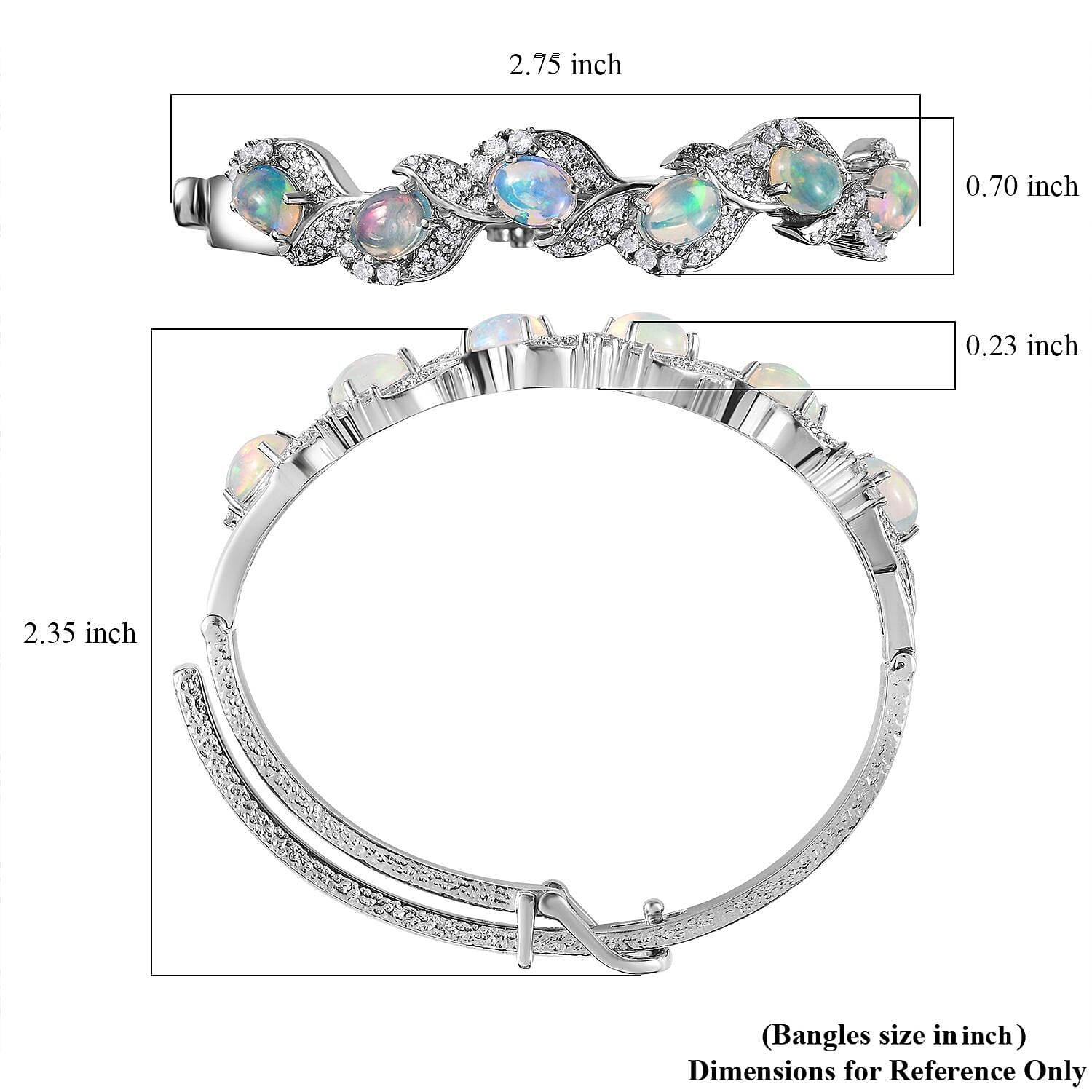 Ethiopian Welo Opal and White Zircon Bangle Bracelet in Platinum Over Sterling Silver (7.25 In) 6.00 ctw