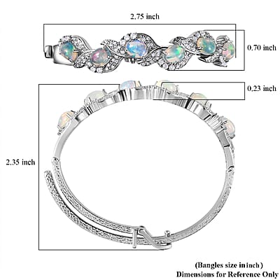 Ethiopian Welo Opal and White Zircon Bangle Bracelet in Platinum Over Sterling Silver (7.25 In) 6.00 ctw