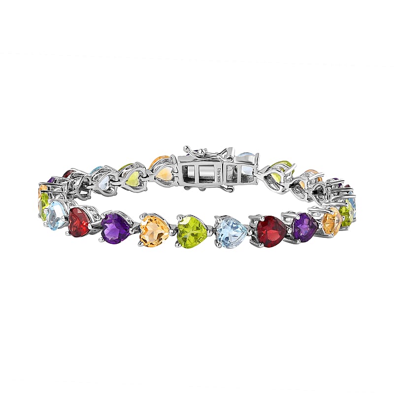 Multi Gemstone Link Heart Bracelet in Platinum Over Sterling Silver (6.50 In) 22.65 ctw