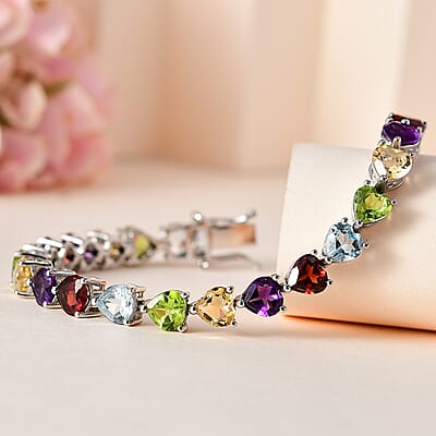 Multi Gemstone Link Heart Bracelet in Platinum Over Sterling Silver (6.50 In) 22.65 ctw