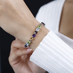 Multi Gemstone Link Heart Bracelet in Platinum Over Sterling Silver (6.50 In) 22.65 ctw