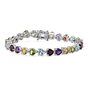 Multi Gemstone Link Heart Bracelet in Platinum Over Sterling Silver (7.25 In) 23.60 ctw