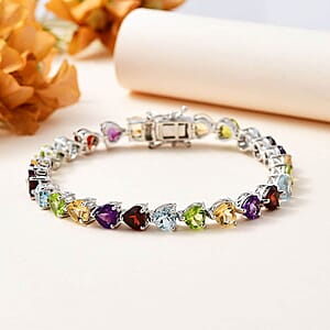 Multi Gemstone Link Heart Bracelet in Platinum Over Sterling Silver (7.25 In) 23.60 ctw