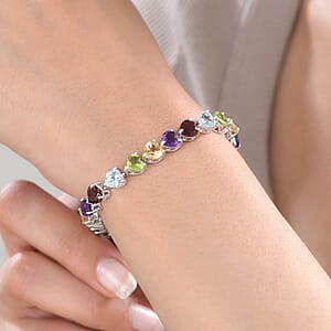 Multi Gemstone Link Heart Bracelet in Platinum Over Sterling Silver (7.25 In) 23.60 ctw