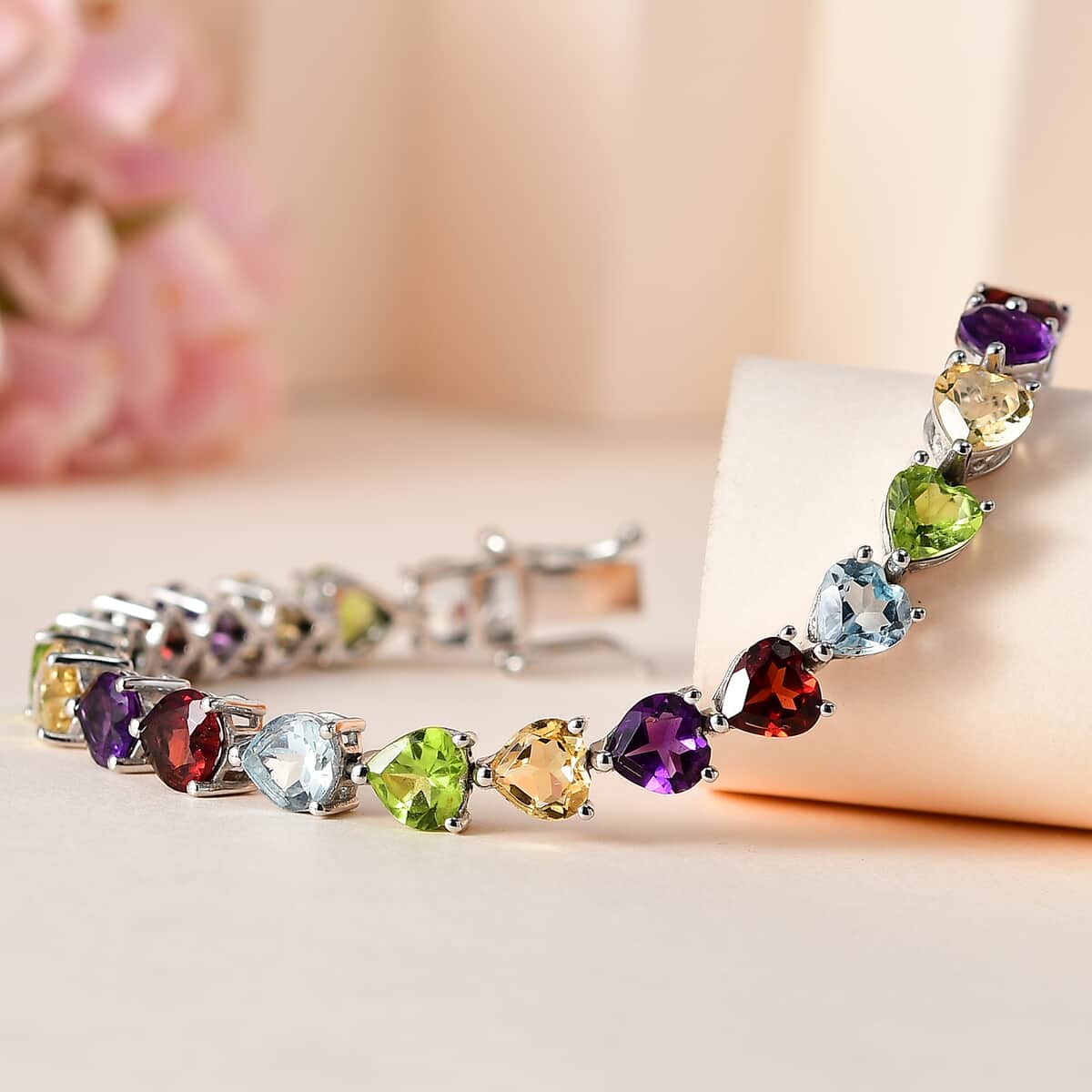 Multi Gemstone Link Heart Bracelet in Platinum Over Sterling Silver (8.00 In) 25.75 ctw image number 1