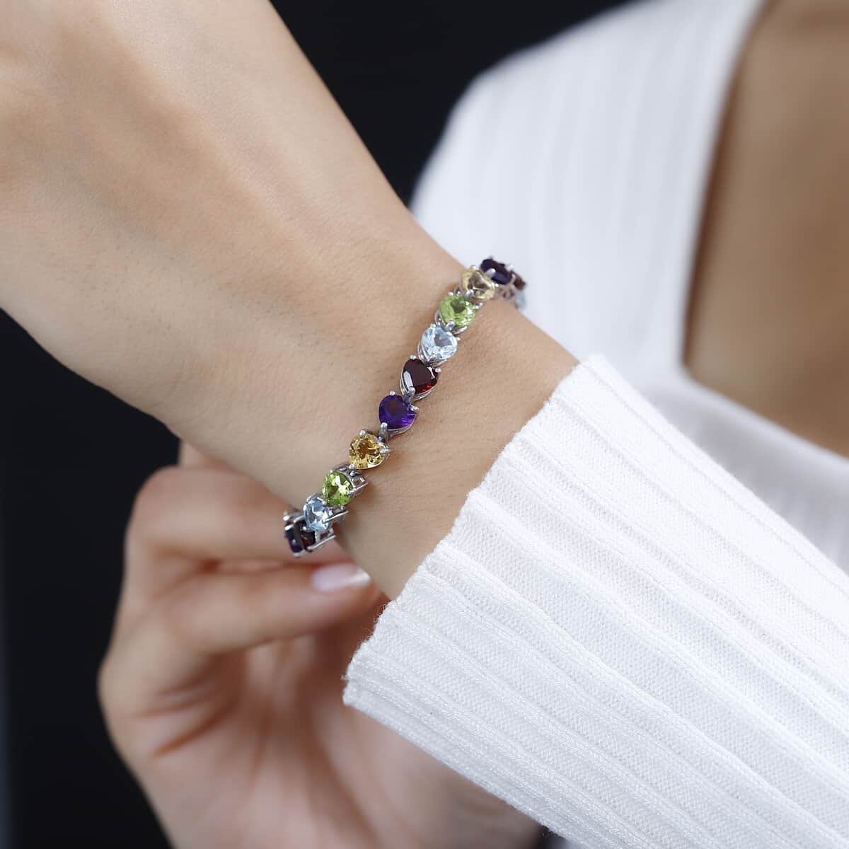 Multi Gemstone Link Heart Bracelet in Platinum Over Sterling Silver (8.00 In) 25.75 ctw image number 2