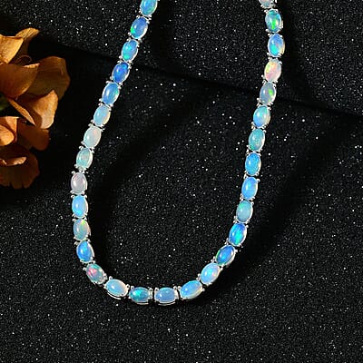 Ethiopian Welo Opal and Diamond Necklace 18 Inches in Platinum Over Sterling Silver 22.90 ctw