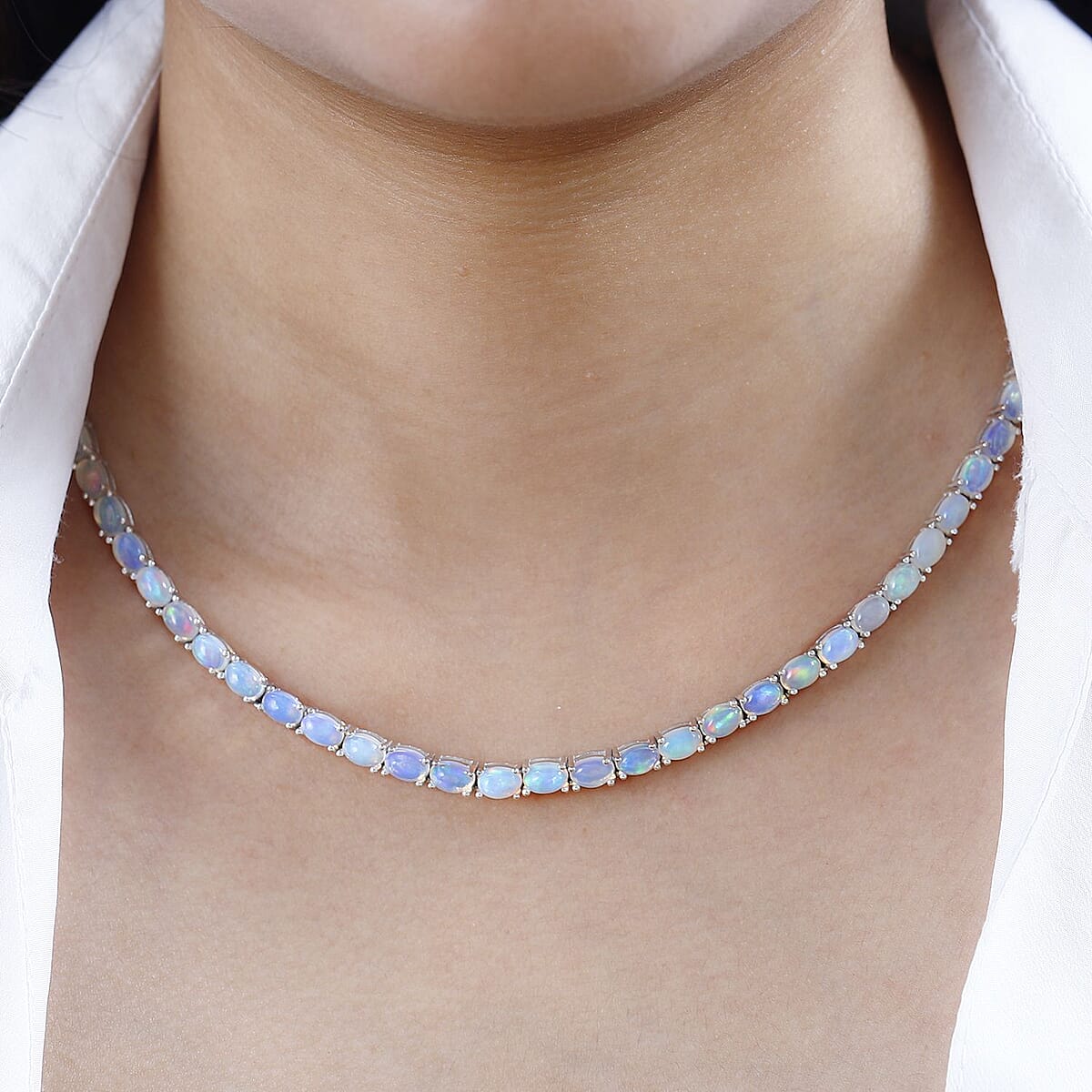 Ethiopian Welo Opal and Diamond Necklace 18 Inches in Platinum Over Sterling Silver 22.90 ctw image number 3