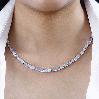 Ethiopian Welo Opal and Diamond Necklace 18 Inches in Platinum Over Sterling Silver 22.90 ctw