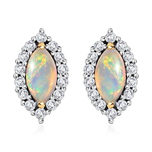 Ethiopian Welo Opal and White Zircon Halo Stud Earrings in Vermeil Yellow Gold Over Sterling Silver 1.35 ctw