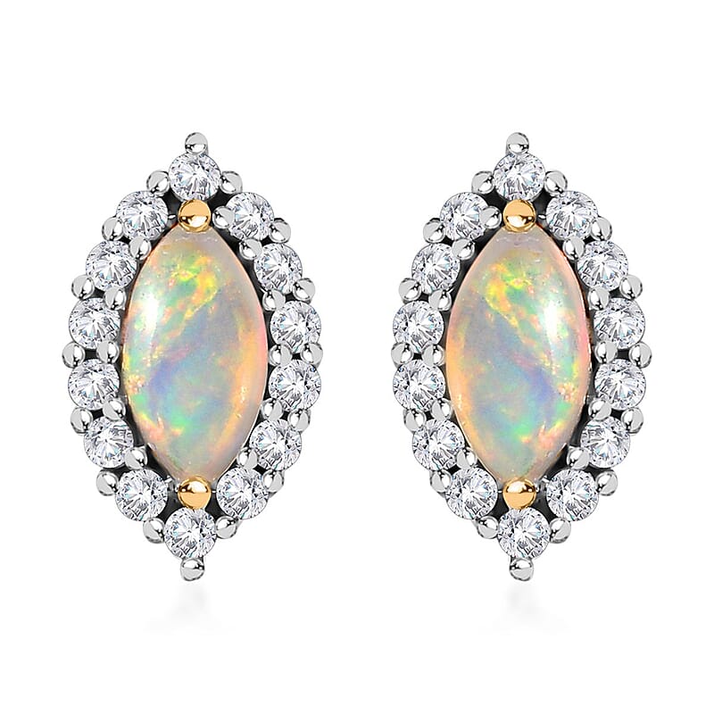 Ethiopian Welo Opal and White Zircon Halo Stud Earrings in Vermeil Yellow Gold Over Sterling Silver 1.35 ctw
