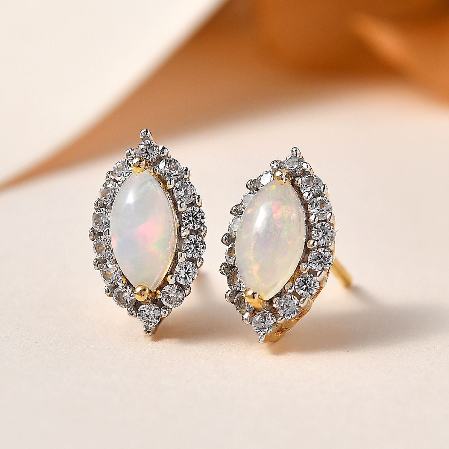 Ethiopian Welo Opal and White Zircon Halo Stud Earrings in Vermeil Yellow Gold Over Sterling Silver 1.35 ctw