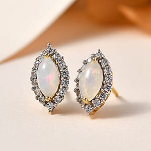 Ethiopian Welo Opal and White Zircon Halo Stud Earrings in Vermeil Yellow Gold Over Sterling Silver 1.35 ctw