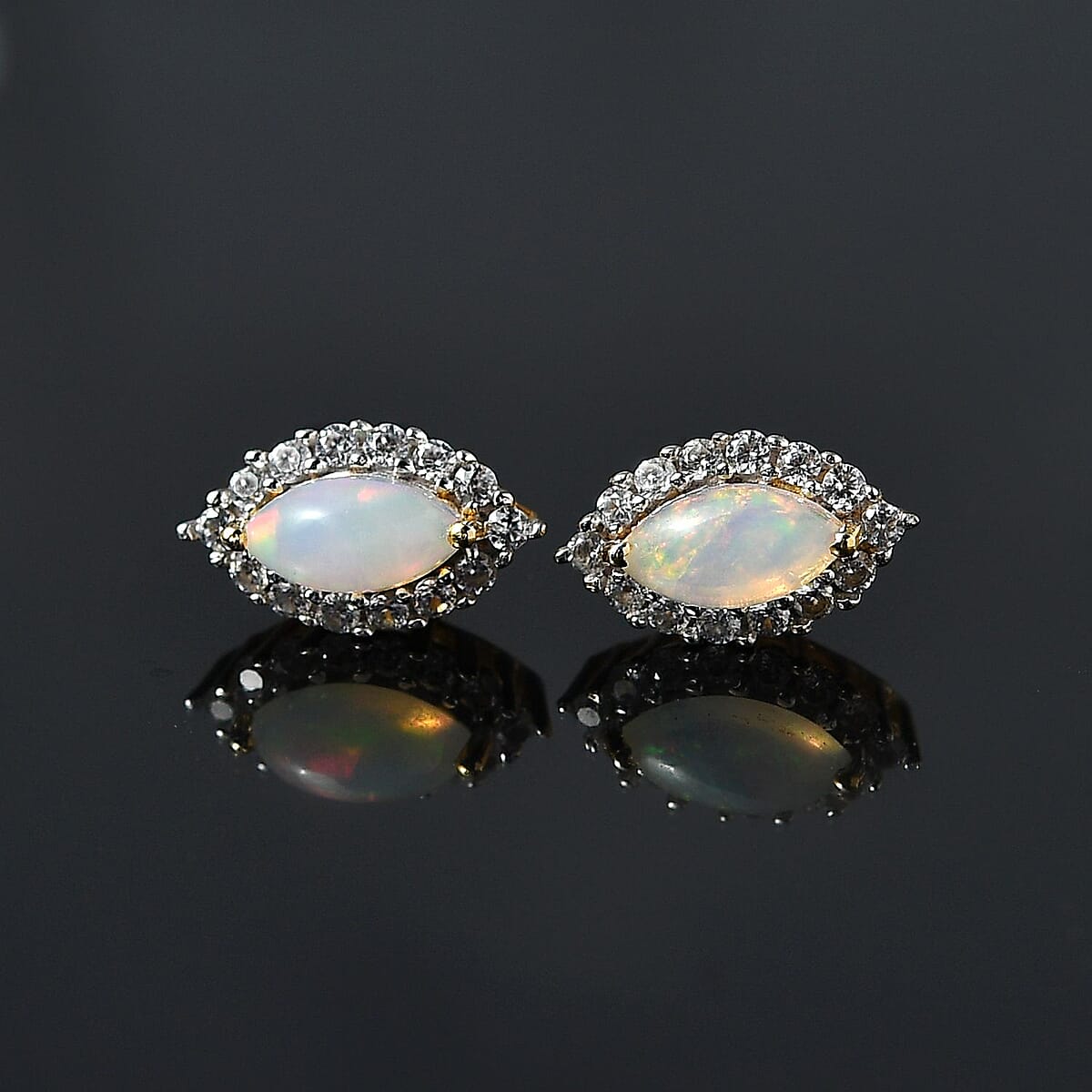 Ethiopian Welo Opal and White Zircon Halo Stud Earrings in Vermeil Yellow Gold Over Sterling Silver 1.35 ctw image number 2