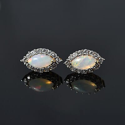 Ethiopian Welo Opal and White Zircon Halo Stud Earrings in Vermeil Yellow Gold Over Sterling Silver 1.35 ctw