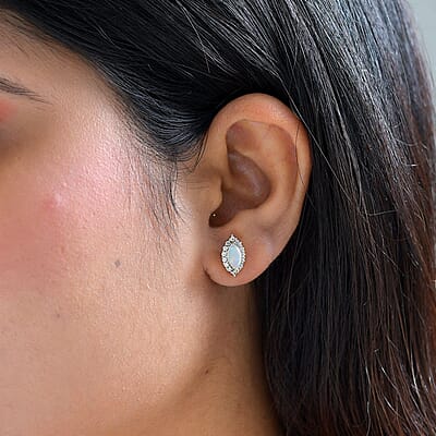Ethiopian Welo Opal and White Zircon Halo Stud Earrings in Vermeil Yellow Gold Over Sterling Silver 1.35 ctw