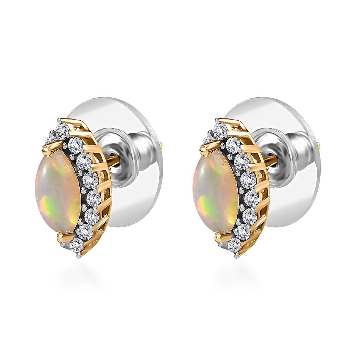 Ethiopian Welo Opal and White Zircon Halo Stud Earrings in Vermeil Yellow Gold Over Sterling Silver 1.35 ctw image number 4