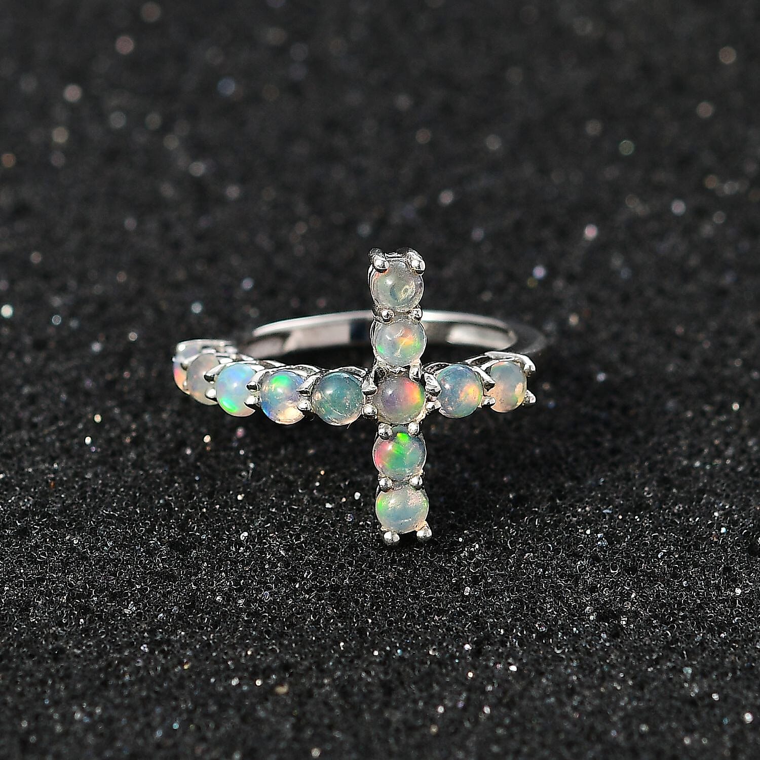 Ethiopian Welo Opal Cross Ring in Platinum Over Sterling Silver (Size 10.0) 0.90 ctw