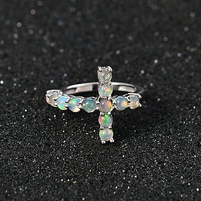 Ethiopian Welo Opal Cross Ring in Platinum Over Sterling Silver (Size 10.0) 0.90 ctw