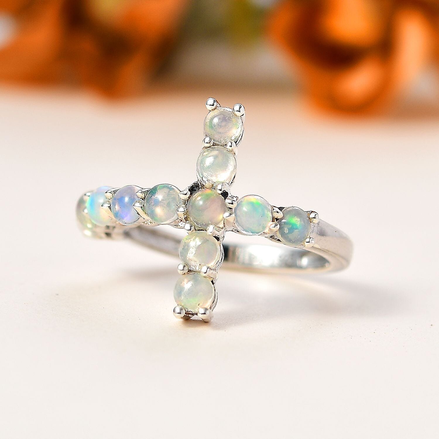 Ethiopian Welo Opal Cross Ring in Platinum Over Sterling Silver (Size 10.0) 0.90 ctw