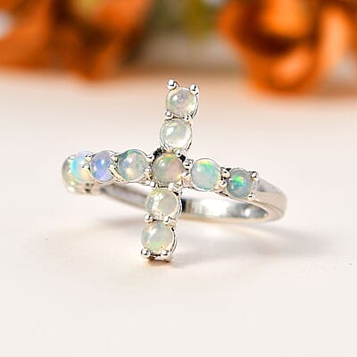 Ethiopian Welo Opal Cross Ring in Platinum Over Sterling Silver (Size 10.0) 0.90 ctw