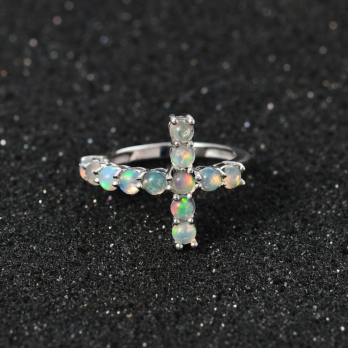 Ethiopian Welo Opal Cross Ring in Platinum Over Sterling Silver (Size 7.0) 0.90 ctw image number 1