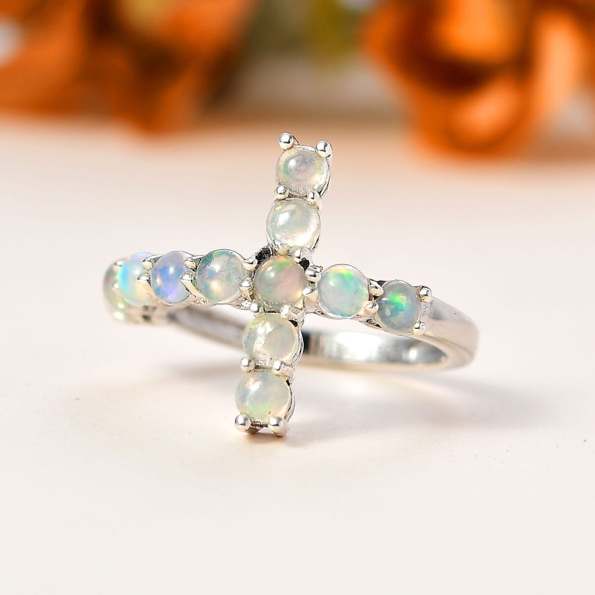 Ethiopian Welo Opal Cross Ring in Platinum Over Sterling Silver (Size 7.0) 0.90 ctw image number 2