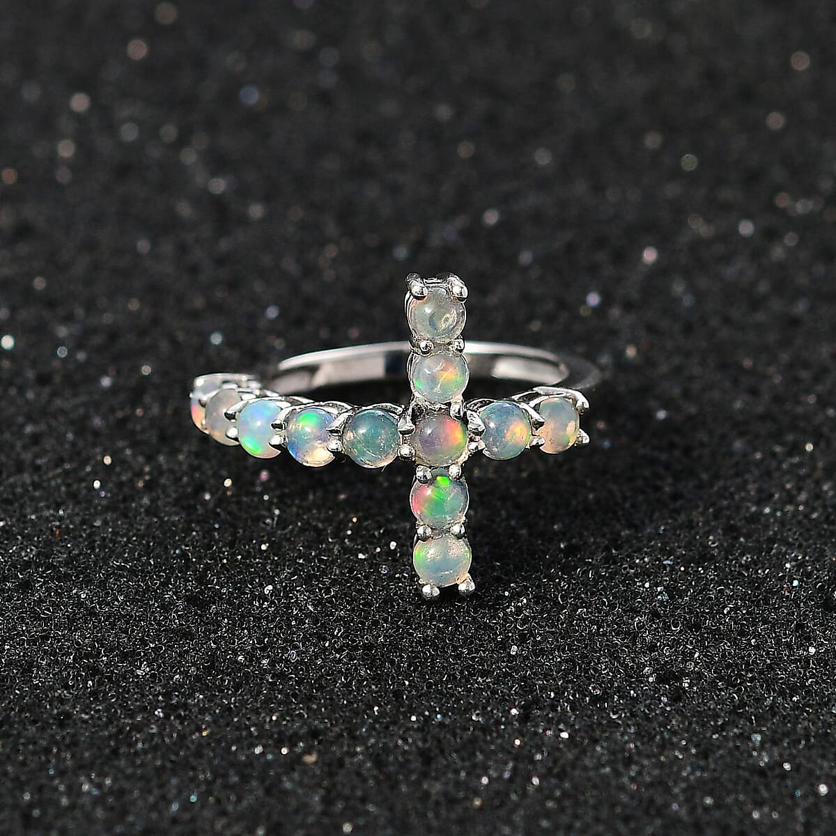 Ethiopian Welo Opal Cross Ring in Platinum Over Sterling Silver (Size 8.0) 0.90 ctw image number 1